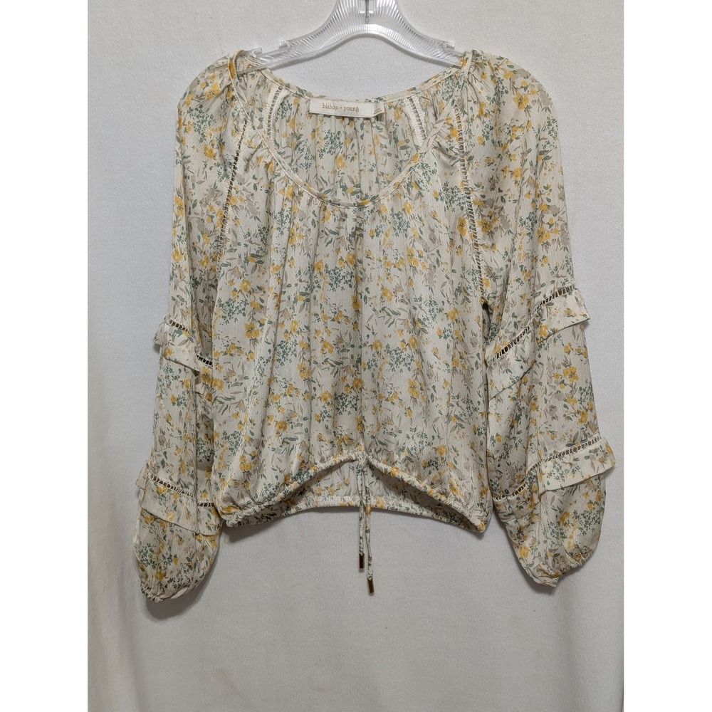Bishop + Young Floral Balloon Sleeve Ruffle Blouse Yellow Cream Small Boho Top